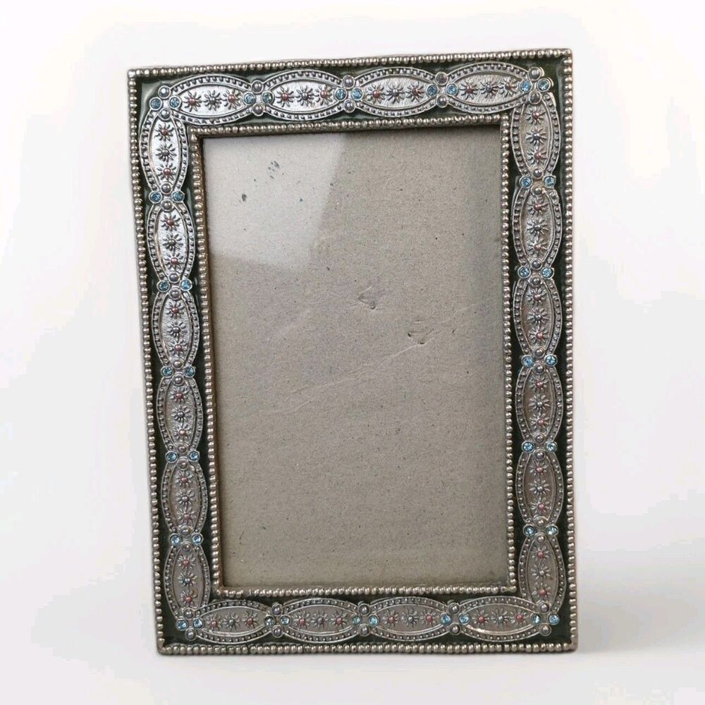 Art Deco 4" X 6" Metal Frame Green Enamel Blue Pink Faux Jewels Easel Back
